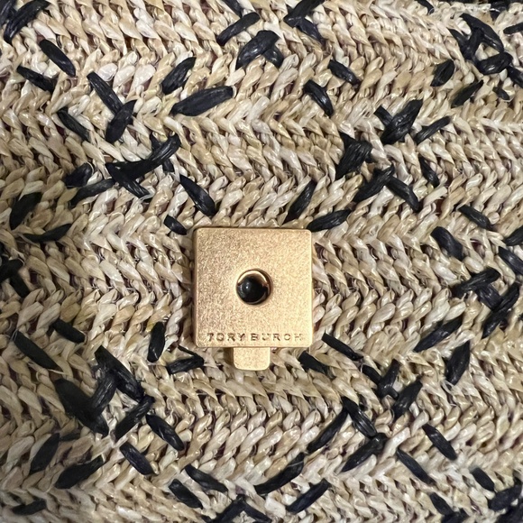 Tory Burch Fleming Soft Straw Raffia Leather Clutch Bag Natural Black Gold EUC - Picture 7 of 16